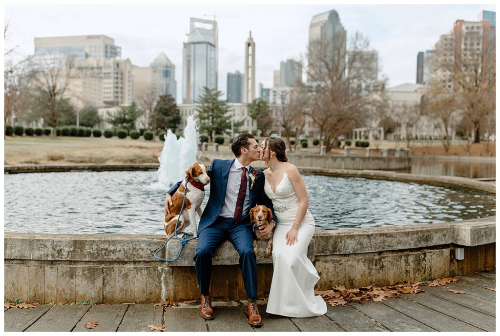 north carolina bride and groom with puppies