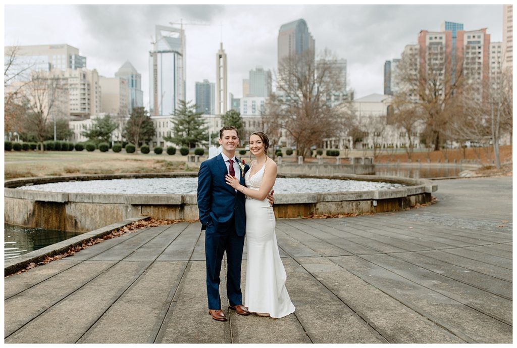 bride and groom photos at marshall park in charlotte nc